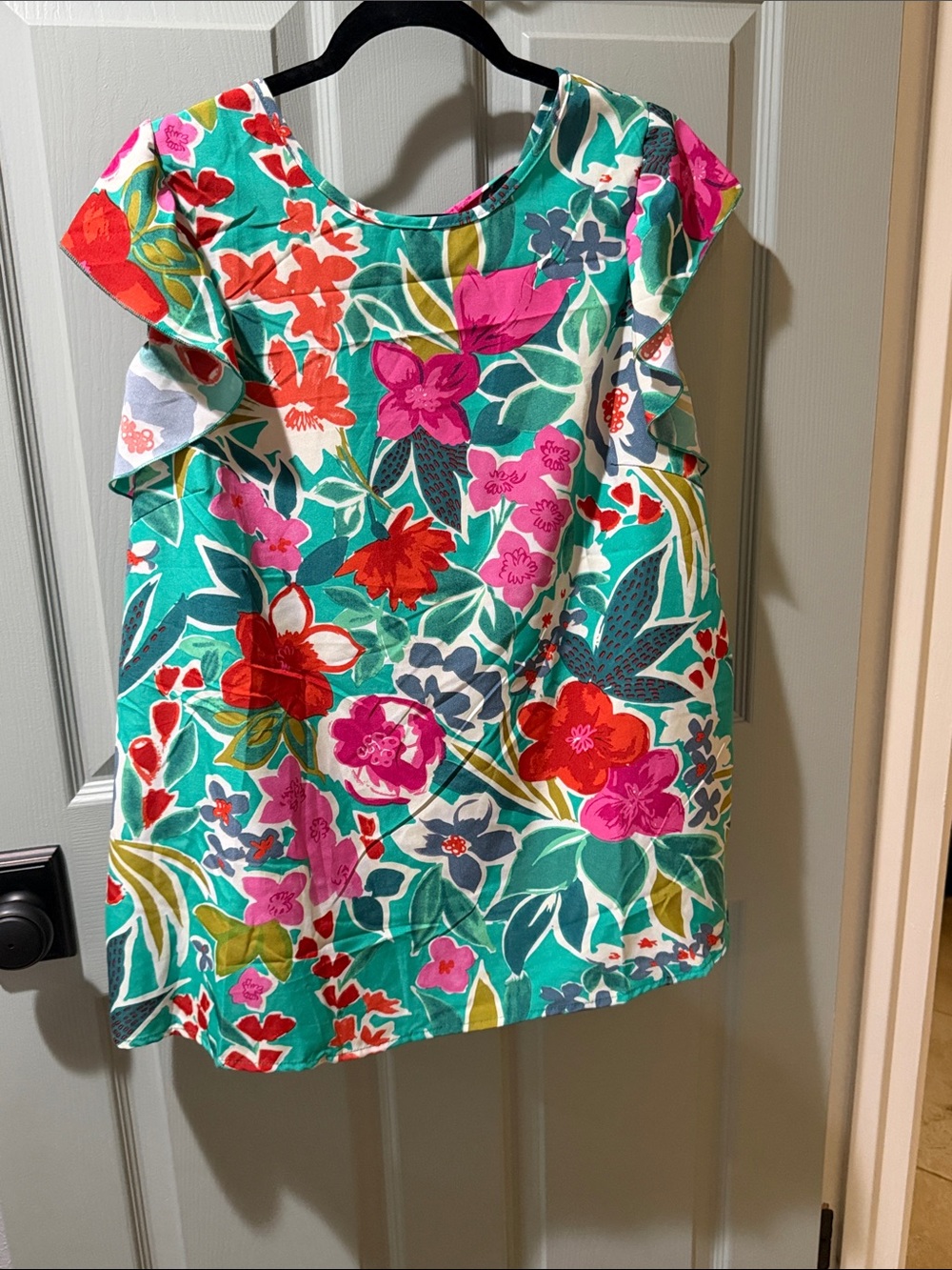 SHEIN Teal Floral Ruffle Sleeve Blouse